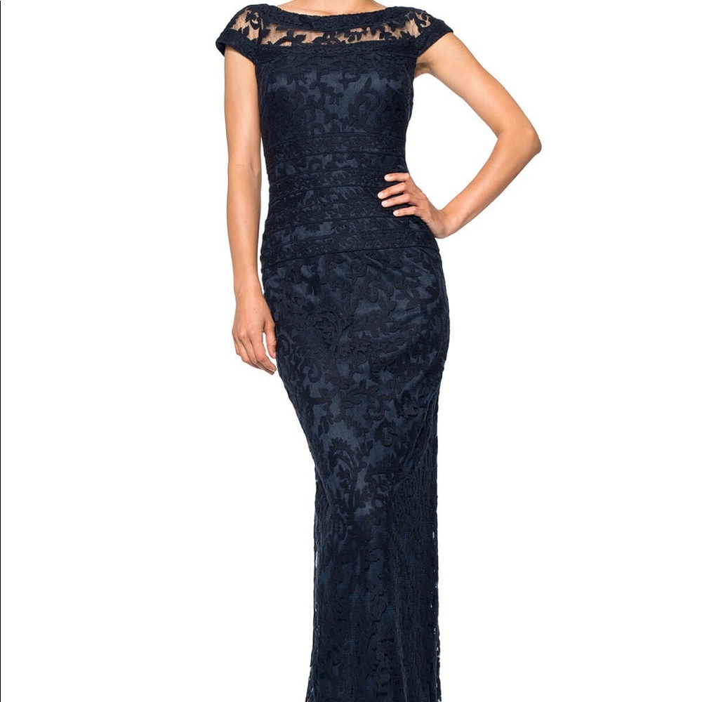 Tadashi Shoji navy floor length lace evening gown